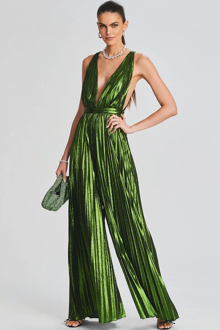 Formal Metallic Deep V Neck Tunic Wide Leg Jumpsuits-Green [Pre-Order]