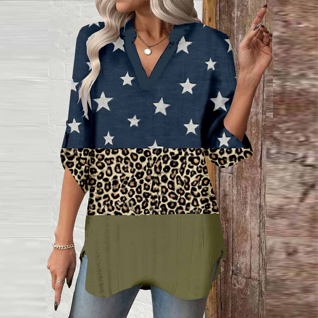 Women Floral, Blue, Patchwork DZGA0047 3/4 Sleeve V-neck Printed Graphic Button Tops