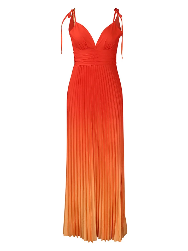 V Neck Halter Sleeveless Backless Sexy Strappy Zipper Gradient Color High Waist Pleated Ruched Maxi Dresses Dresses-Cosfine