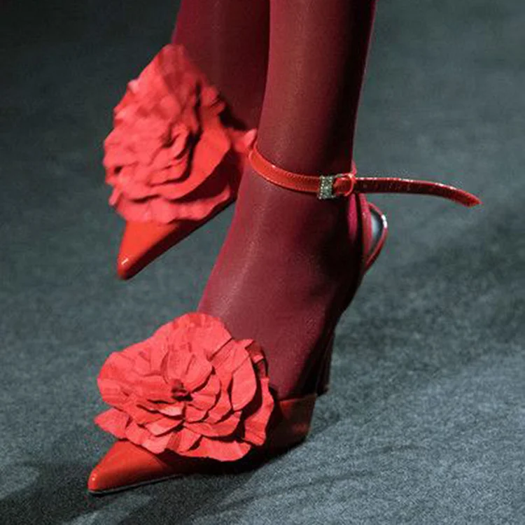 Red Pointy Flower Pumps Elegant Stiletto Heel Ankle Strap Patent Shoes |FSJ Shoes