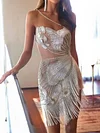Shiny Beaded Hollow Tasseled Bandeau Sleeveless Mini Dress