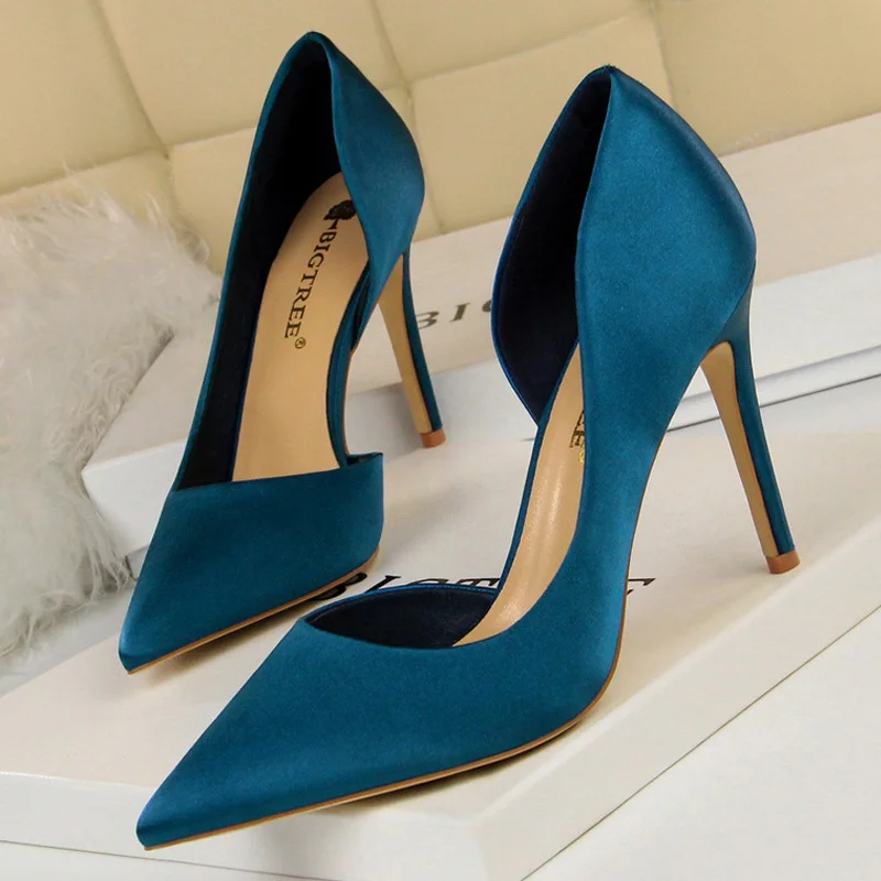 Abebey Shoes Sexy Woman Pumps Black Blue Sliver Women Heels Silk High Heels Women Shoes Stiletto Heels 9.5 Cm Ladies Shoes