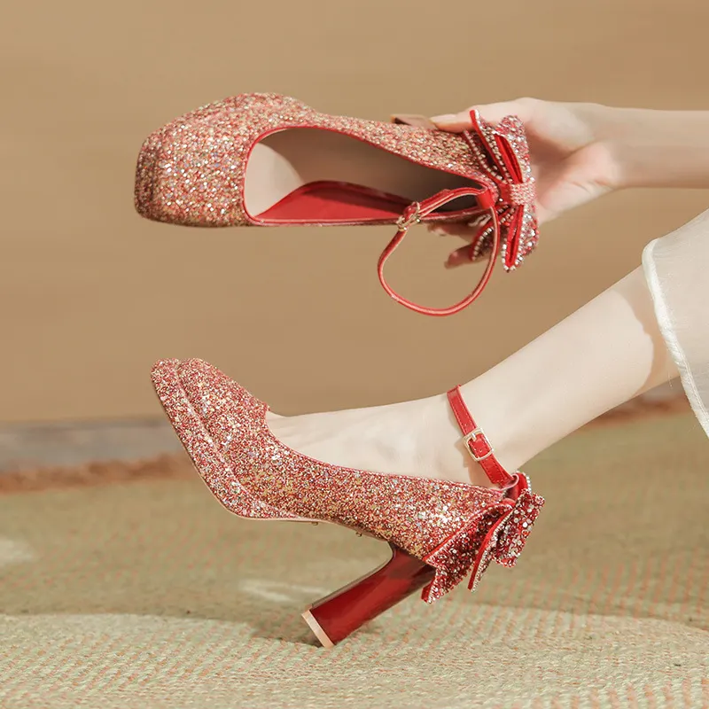 Churchf Churchf Thick Heel One-Word Buckle Waterproof Platform Mary Jane High-Heeled Shoes Wedding Shoes Bridesmaid Shoes Sequins Hollow Single Shoes Women