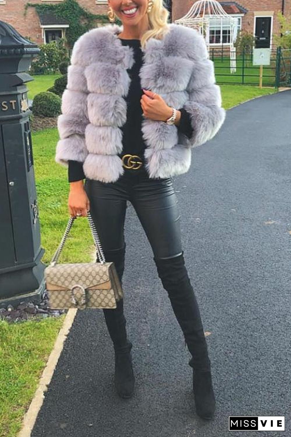 Layer O Neck Faux Fur Coat