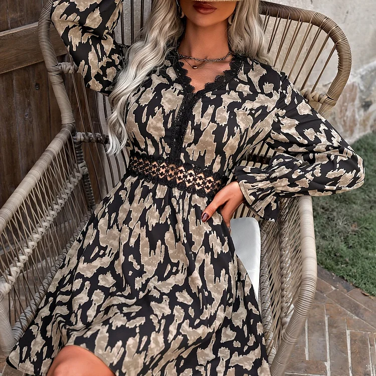 Lace Trim V Neck Dress, Elegant Long Sleeve Cut Out Dress For Spring & Fall, Women's Clothing