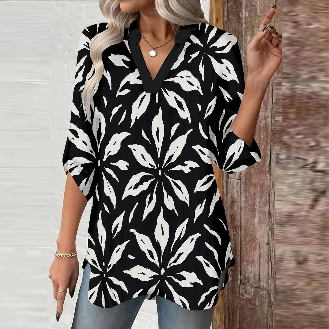 Women Floral, Black, White DZGA0137 3/4 Sleeve V-neck Printed Graphic Button Tops