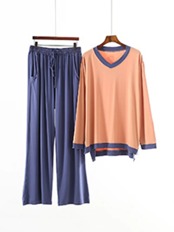 Roomy Contrast Colors V-Neck Long Sleeve&Long Pants Pajamas Set