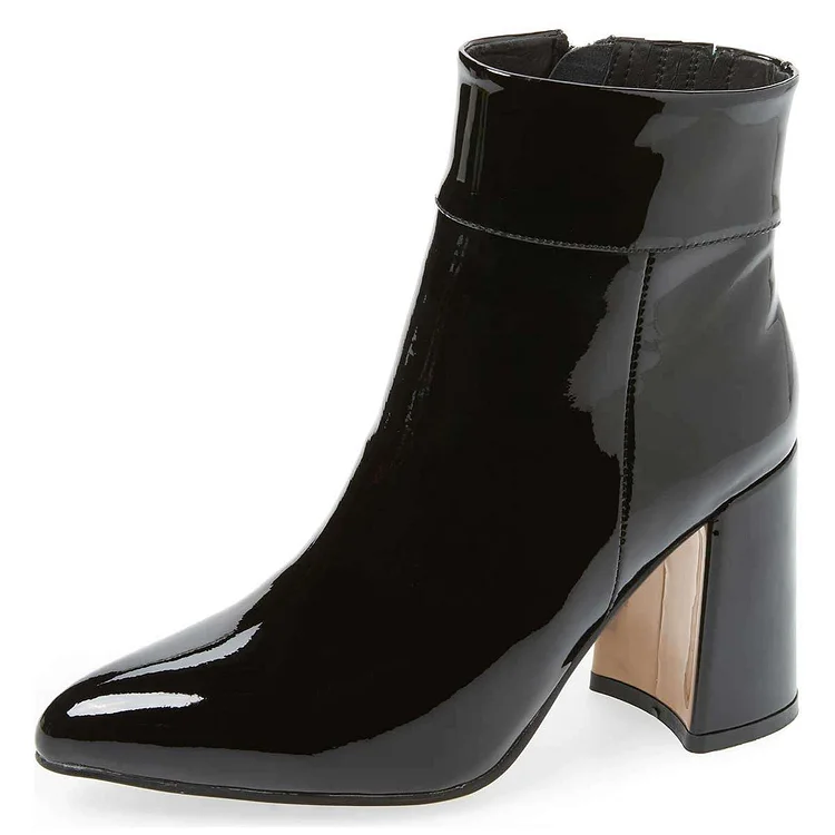 Black Patent Leather Chunky Heel Women's Ankle Boots |FSJ Shoes