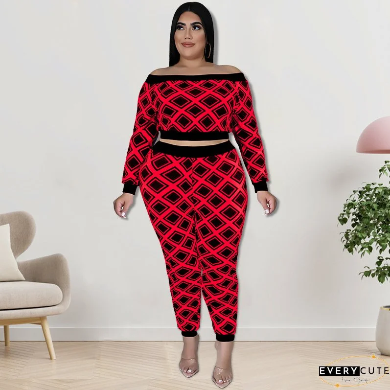 Plus Size Women's Print Off Shoulder Top And Pants Two Piece Set