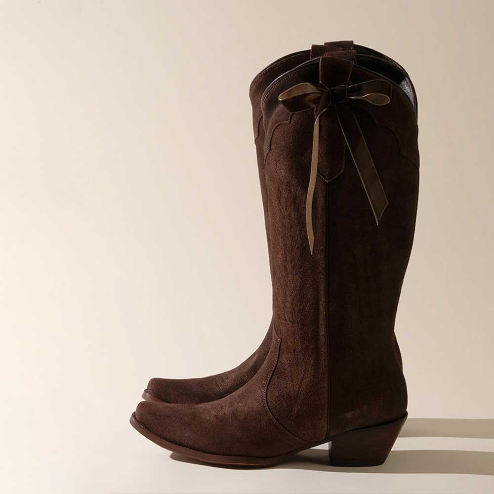 Vintage Brown Vegan Suede Side Bow Low Heel Cowboy Boots for Women Nicepairs