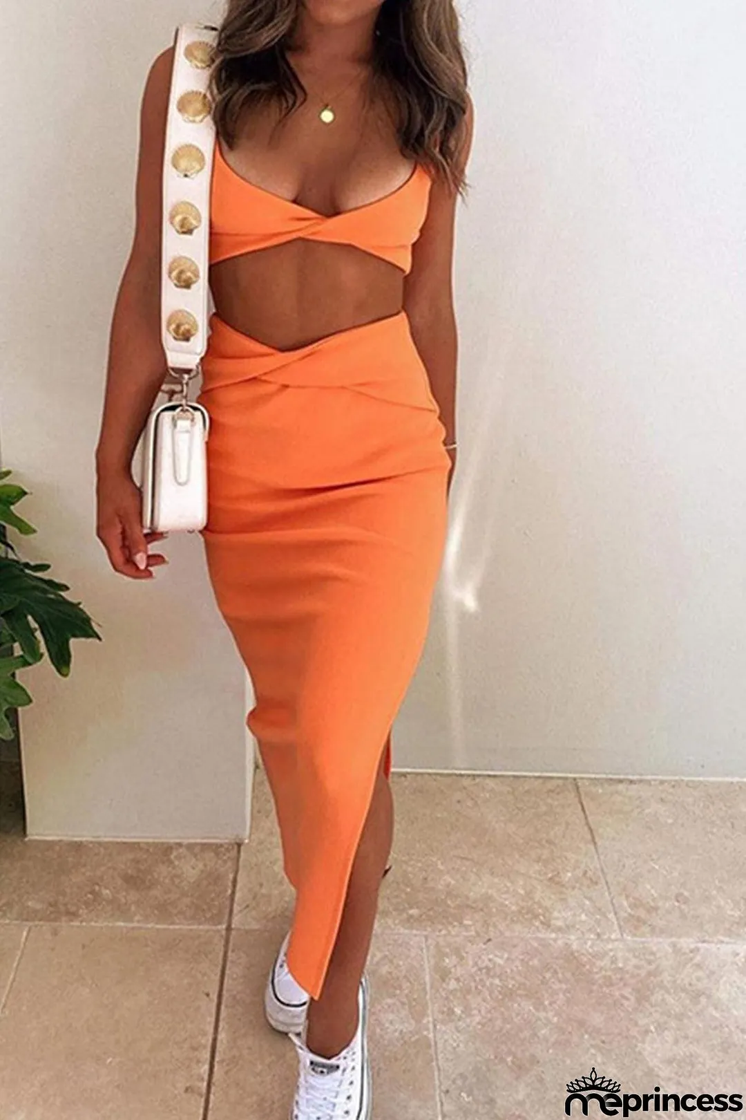 Twisted Front Crop Top High Waist Slit Skirt Suits