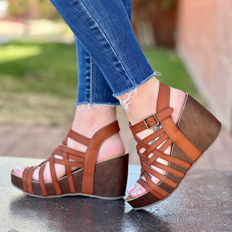 Brown Vintage Crossover Strappy Wedge Sandals with Platform