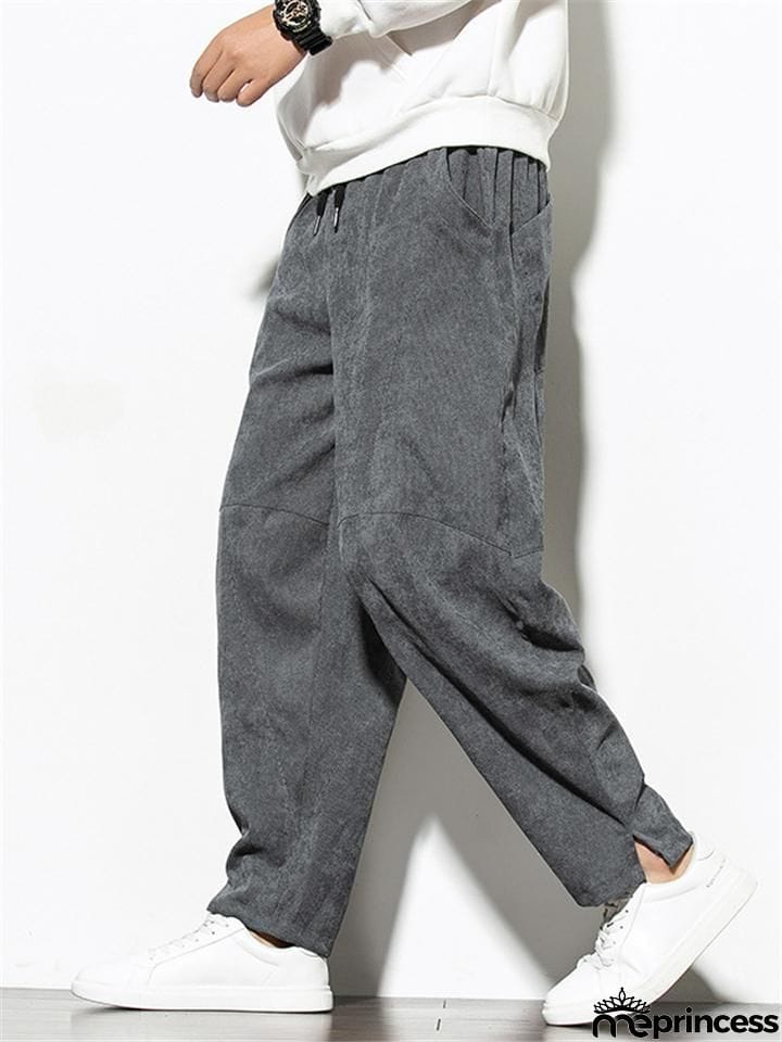 Mens Corduroy Elastic Waist Drawstring Loose Harem Pants