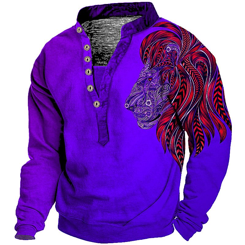 Men's Trendy Lion Print Long Sleeve Henley T-shirt 
