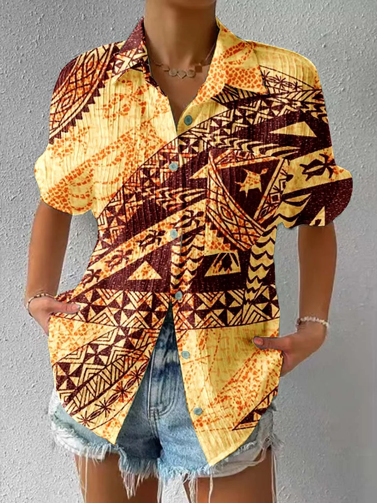 Womens Hawaiian Pattern Short Sleeve Textured Shirt