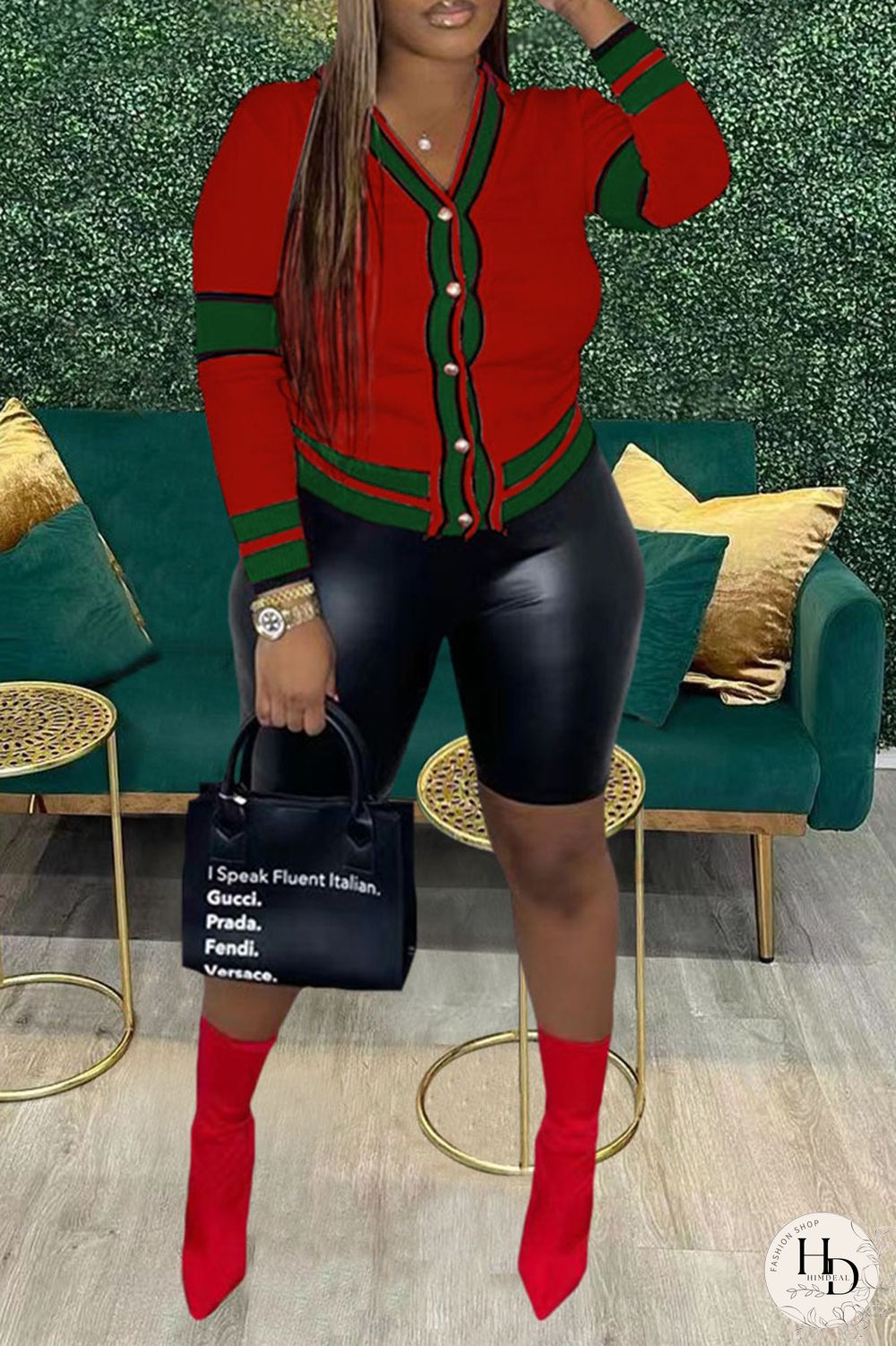 Red Casual Print Patchwork Buttons Tops