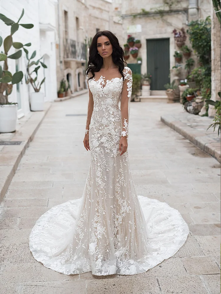 Sheer Neck Long Sleeve Mermaid Wedding Dress Applique Lace Illusion Bohemian Bridal Gowns