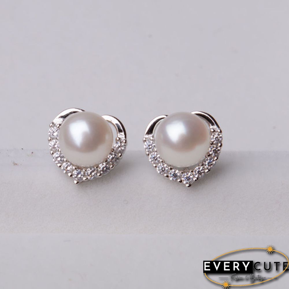 Trendy Fashion Women's S925 Silver Exquisite Pearl Heart-shaped Diamond Crystal Earrings Prevent allergy Jewelry