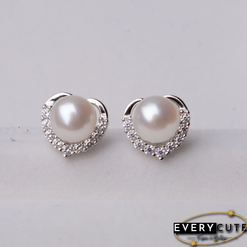 Trendy Fashion Women's S925 Silver Exquisite Pearl Heart-shaped Diamond Crystal Earrings Prevent allergy Jewelry