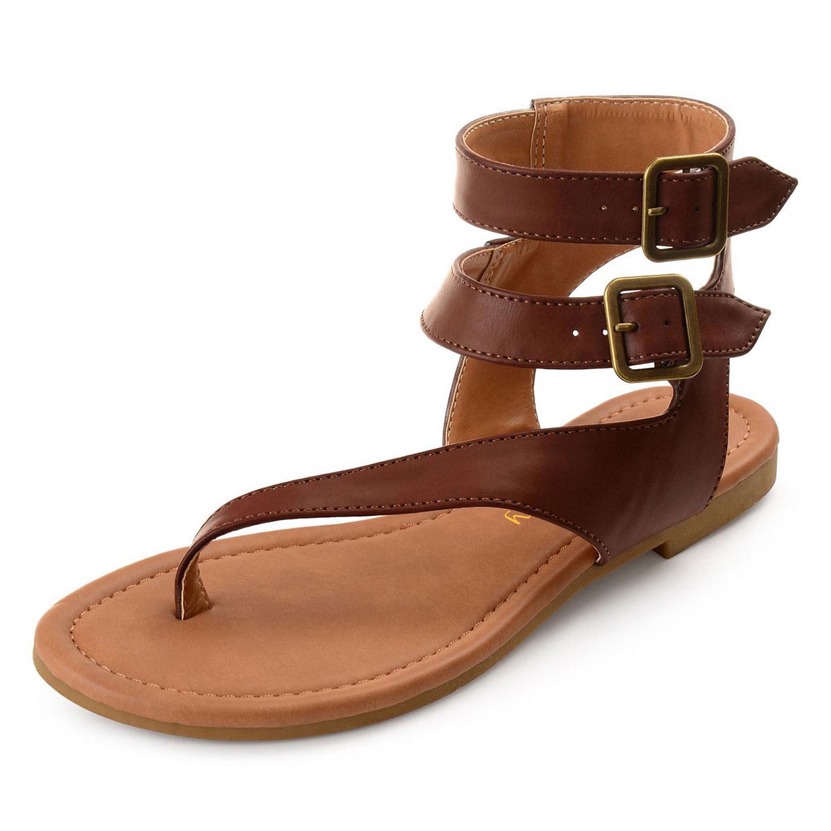 Brown Open Round Toe Double Buckled Wrap Flat Sandals for Women Nicepairs