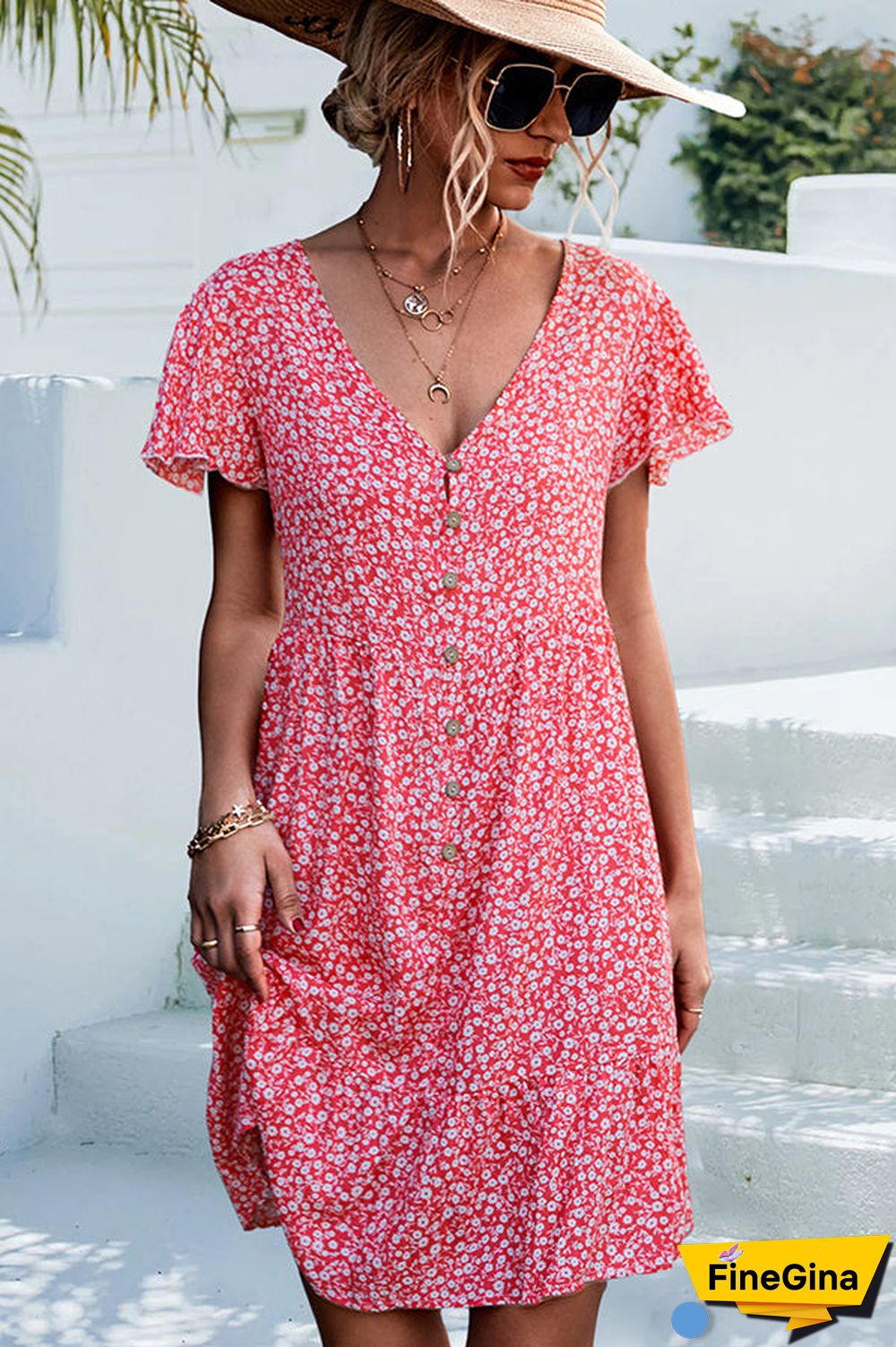 V Neck Floral Print Casual Mini Dress