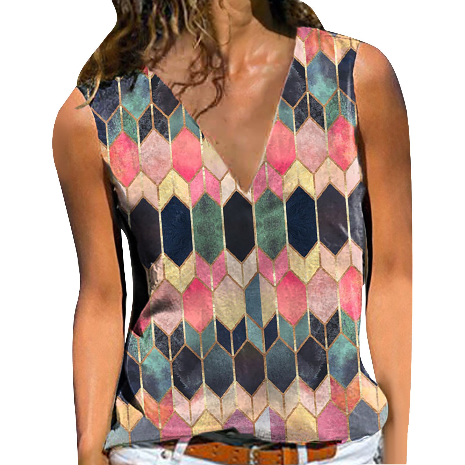 Blouse Women's Sexy V-neck Cute Retro Plaid Print Pullover Sleeveless Casual Bottom Blouse Vest Top