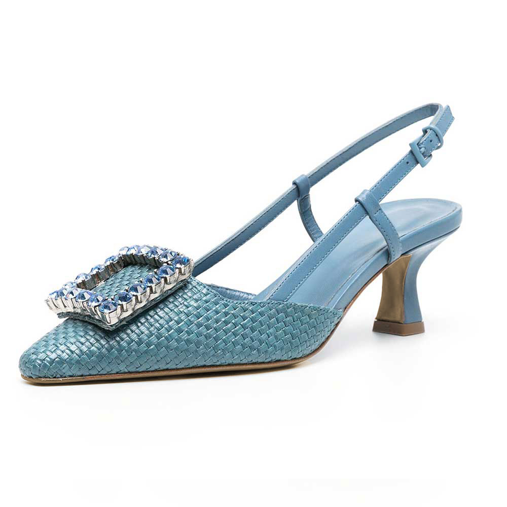 Blue Woven Pointed Toe Slingback Heels with Rhinestone Buckle Nicepairs