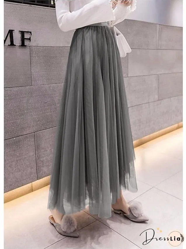 Women's Skirt Swing Tulle Long Skirt Maxi Black Pink Khaki Beige Skirts Pleated Layered Tulle Vintage Elegant Street S M L