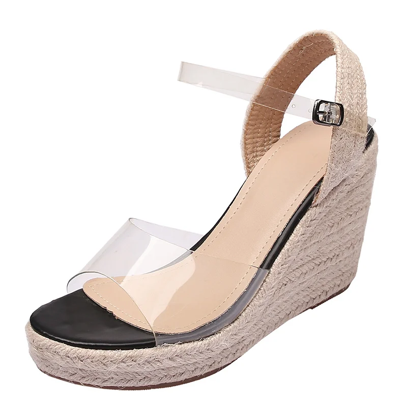 Wongn Wongn New Wedge Wedge Platform High Heel Sandals Women's High Heel Glass Rubber Grass Hemp Rope Bottom Large Size