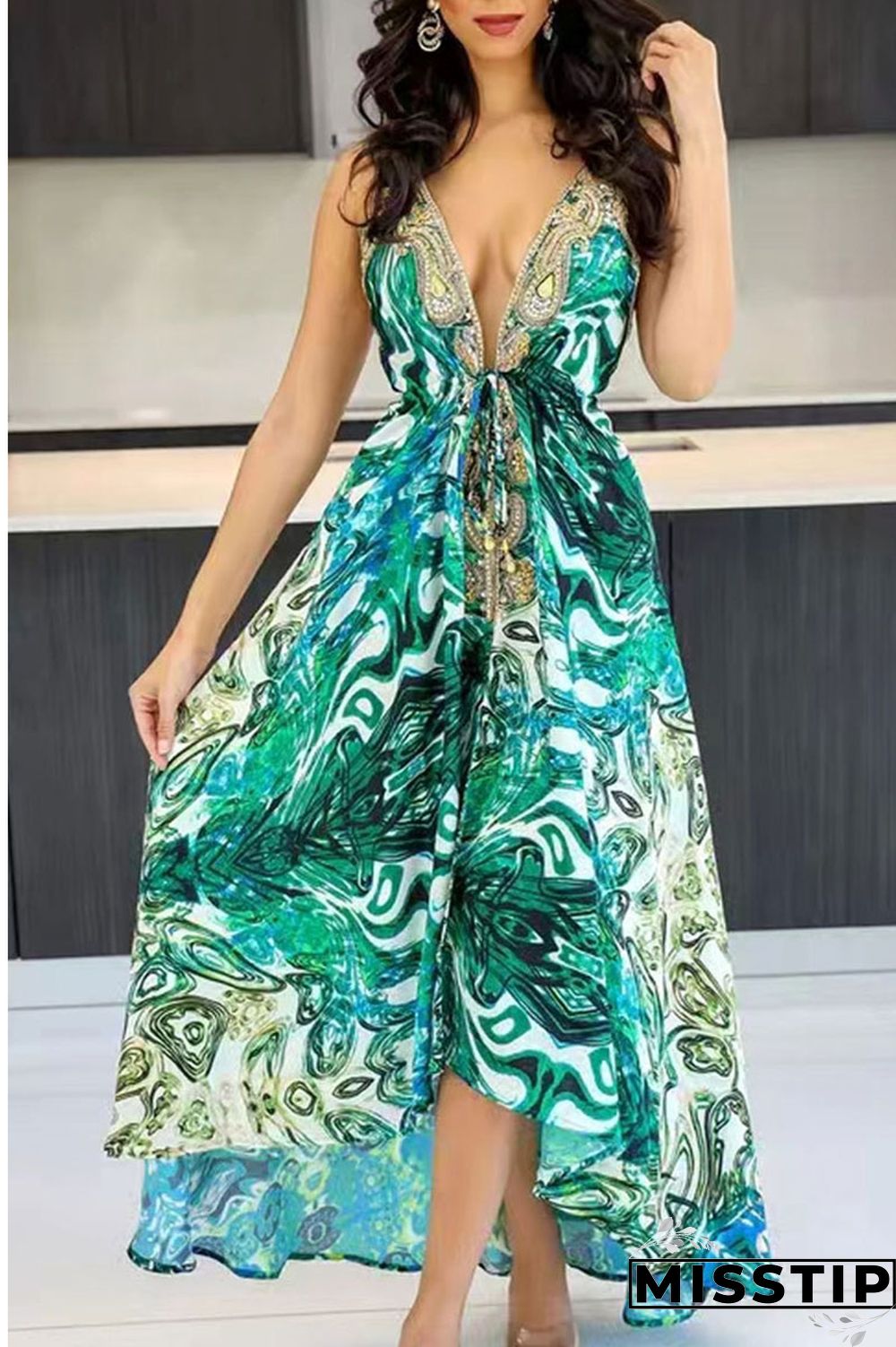 Colour Sexy Vacation Print Patchwork Backless Halter A Line Dresses