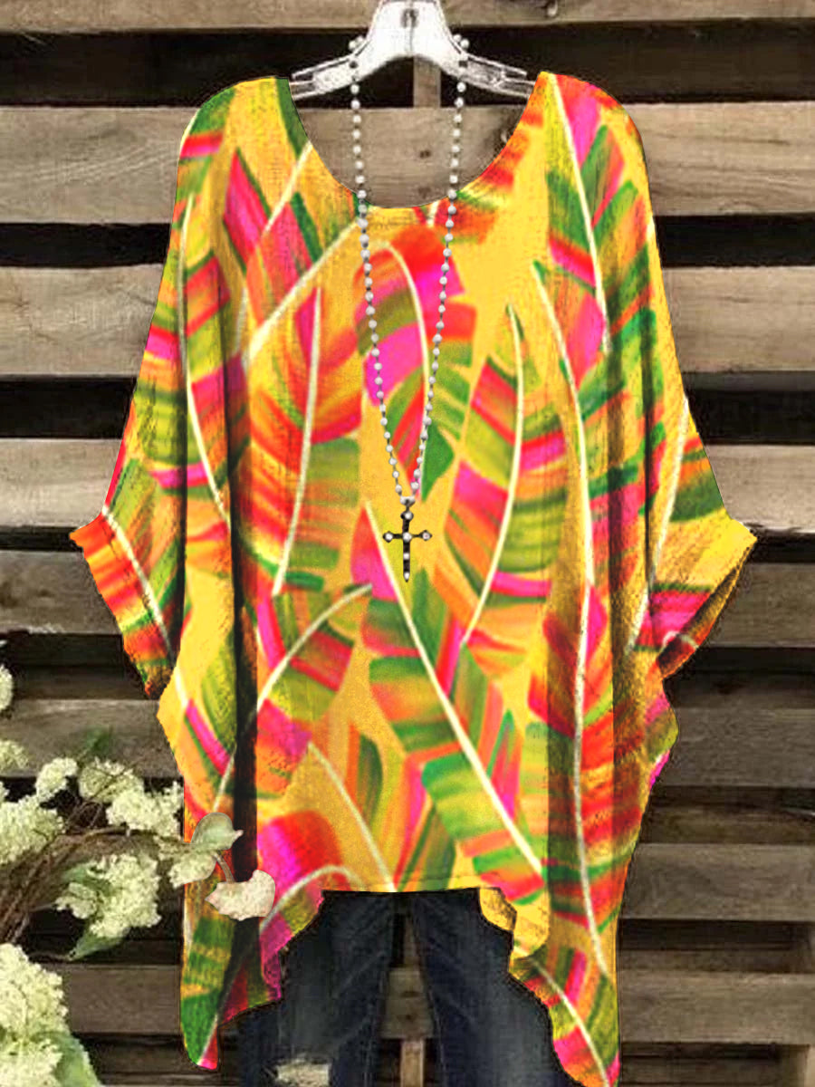 Women's Vintage Colorful Banana Leaf Pattern Round Neck Top