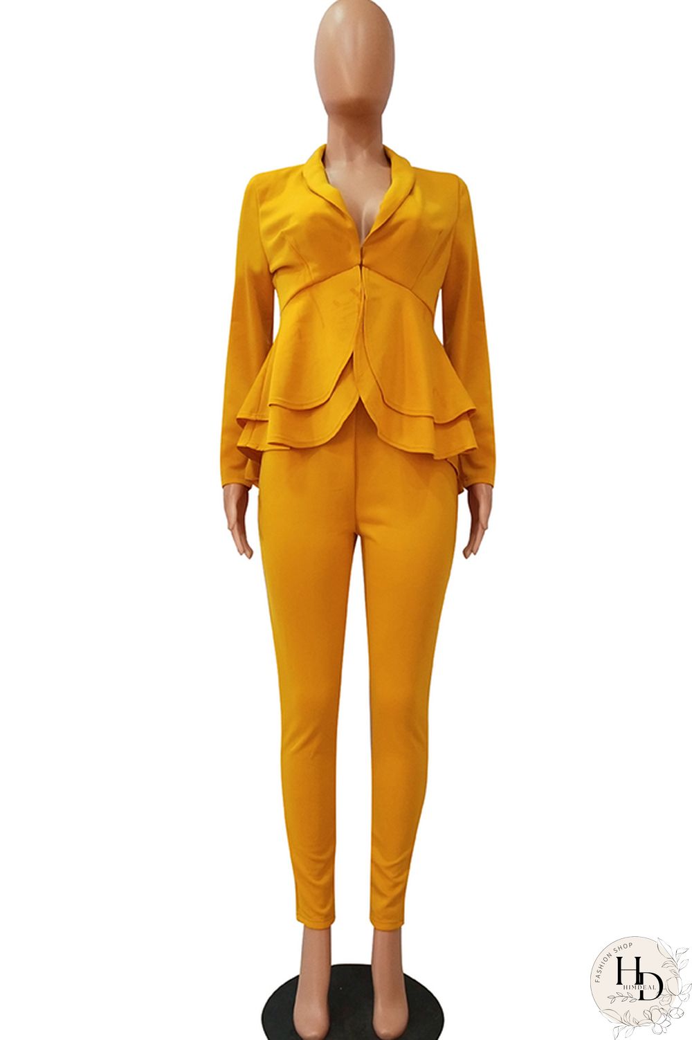 Black Casual Two Piece Suits Patchwork ruffle Solid pencil Long Sleeve