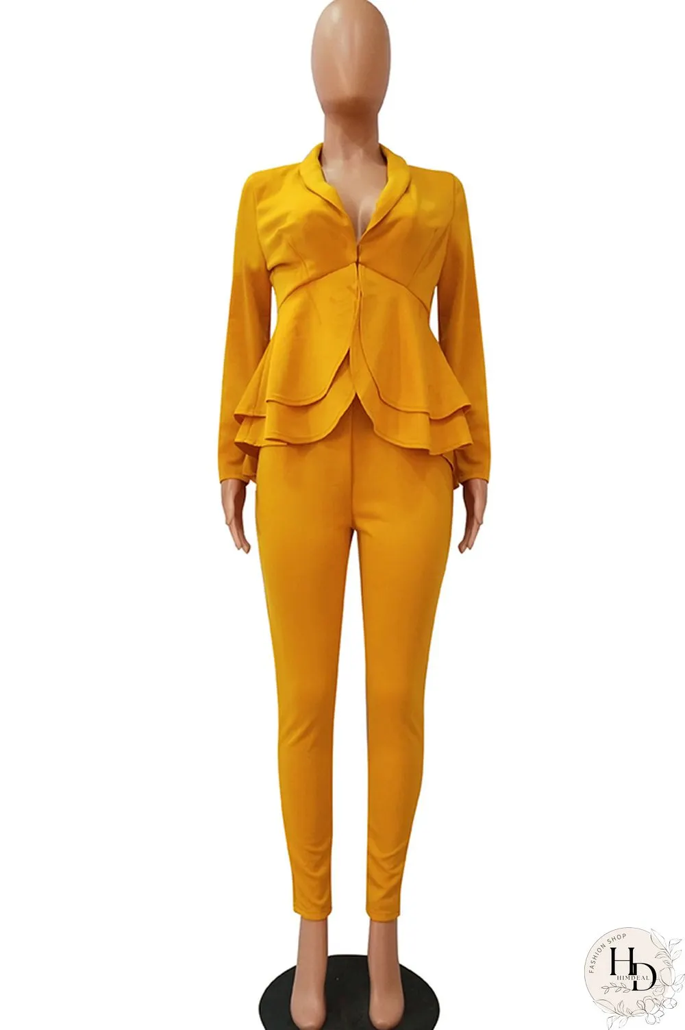 Black Casual Two Piece Suits Patchwork ruffle Solid pencil Long Sleeve
