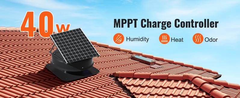 Product Introduction of VEVOR Solar Attic Fan, 40 W, 1230 CFM Large Air Flow Solar Roof Vent Fan, Low Noise and Weatherproof with 110V Smart Adapter, Ideal for Home, Greenhouse, Garage, Shop, RV, FCC Listed 2