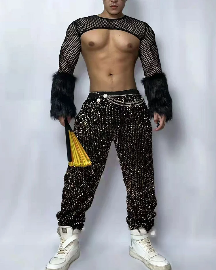 Men's Music Festival Party See-Through Mesh Top And Sequined Pants Two-Piece Set