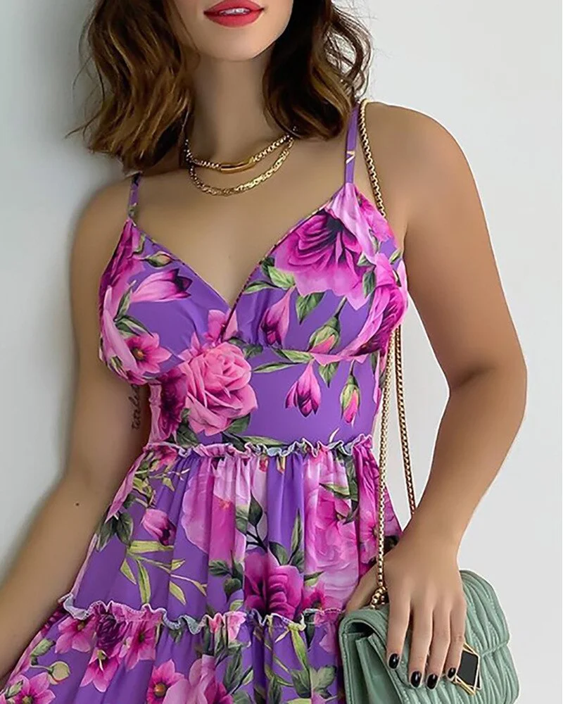 Woherb Women Sleeveless Mini Dress Spring Summer High Waist V Neck Fashion Casual Sexy Mini Dress Floral Flower Printed-Outfit Ideas