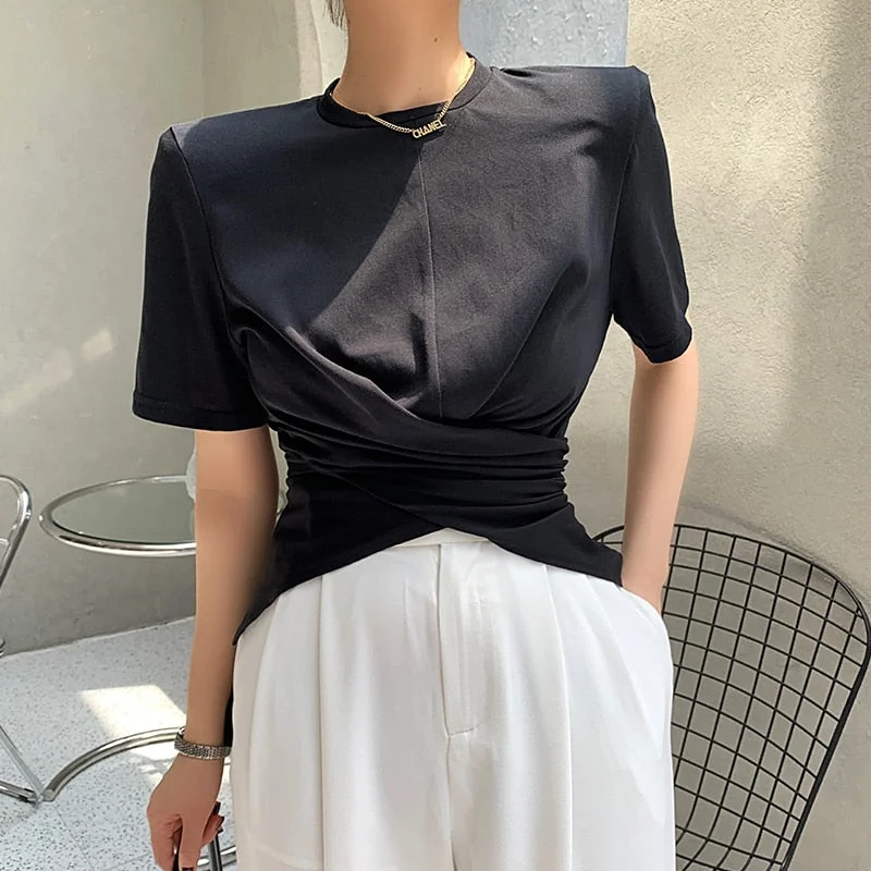 Bornladies 2021 Summer Chic Short Sleeve Women Solid T-shirts Female Stylish Slim Waist Loose O-neck Tops Shirts Ladies Tees