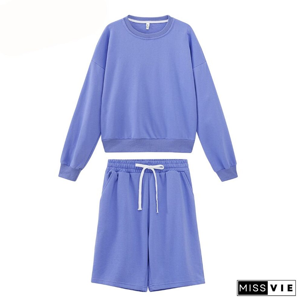 Toppies Women Two Piece Set Tracksuits O-Neck Sweatshirts Elastic High Waist Bermuda Solid