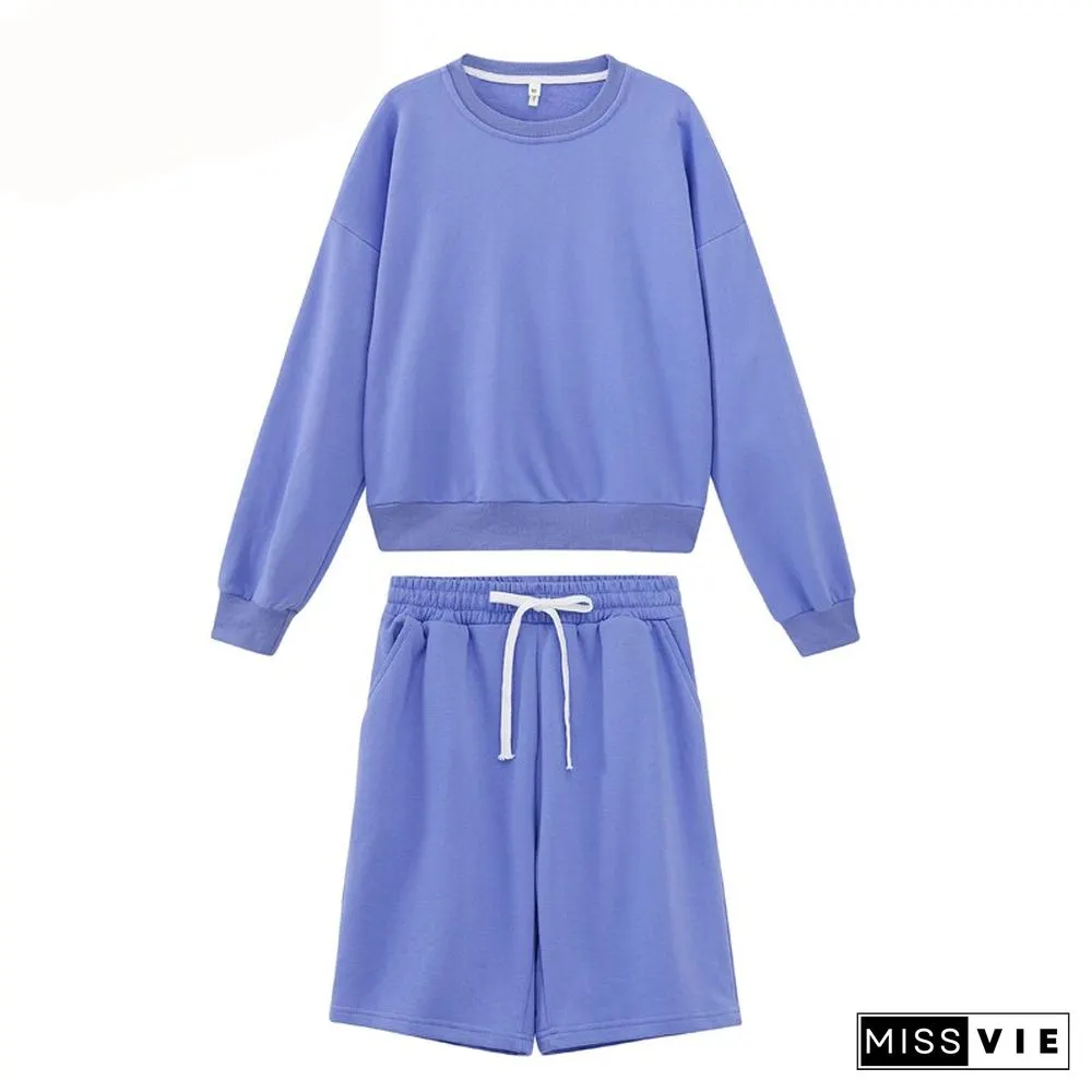 Toppies Women Two Piece Set Tracksuits O-Neck Sweatshirts Elastic High Waist Bermuda Solid