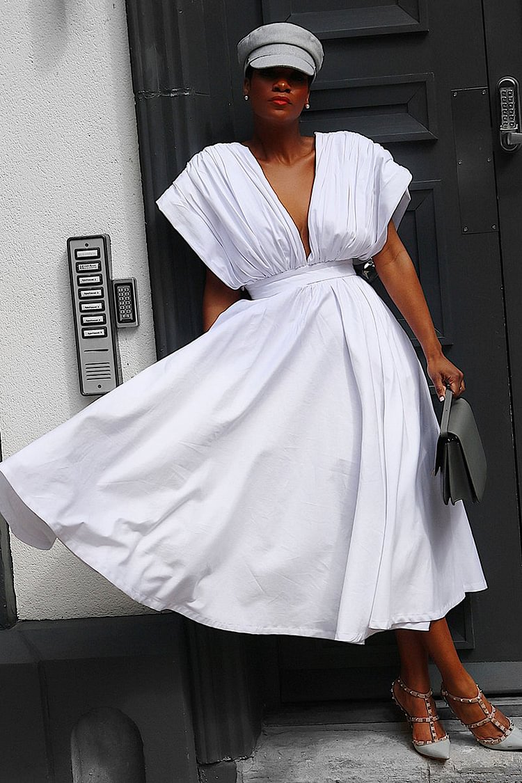 Deep V Neck Sleeveless Flowy Hem Vacation Midi Dresses 