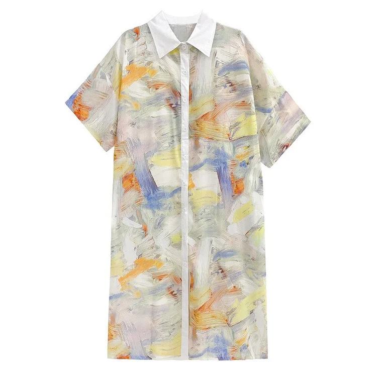 Art Loose Turn-down Collar Watercolor Printed Single-breasted Short Sleeve Dress