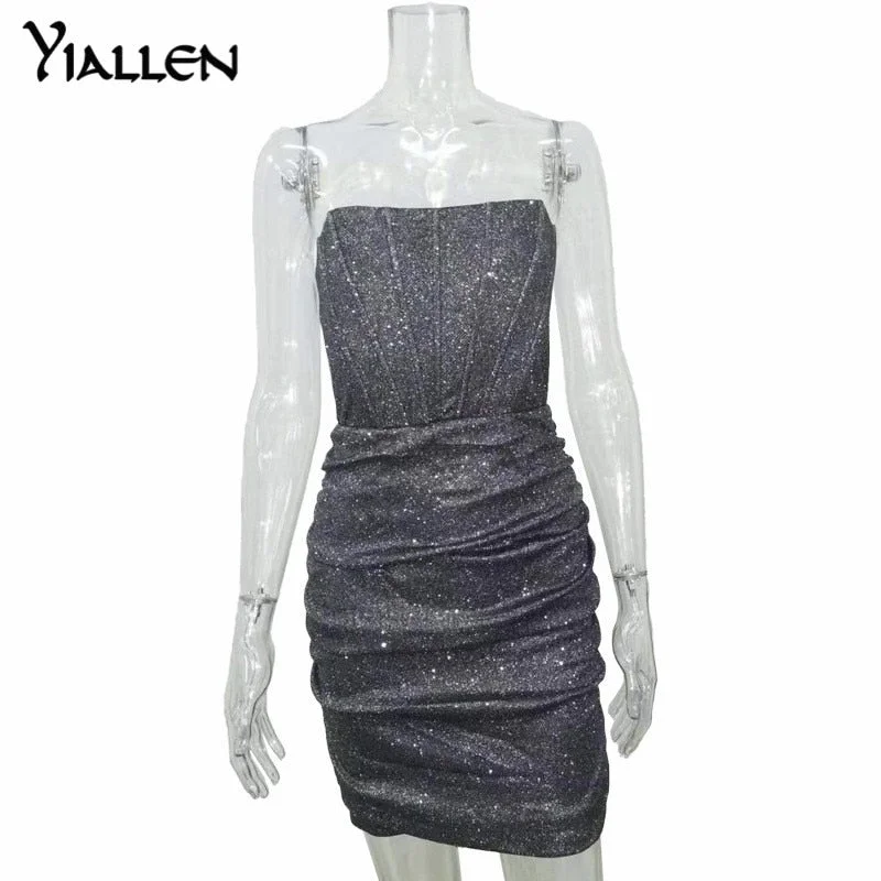Yiallen Women Sequins Mini Party Dresses Summer Strapless Fashion Solid Sleeveless With Fishbone Mini Skinny Dress High Quality