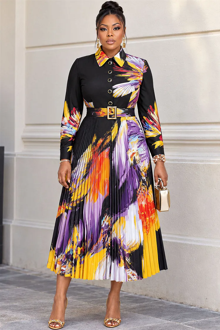 Xpluswear Design Plus Size Business Casual Black All Over Print Shirt Collar Long Sleeve Pleated Wrap Midi Dresses [Pre-Order] 2024 - Xpluswear