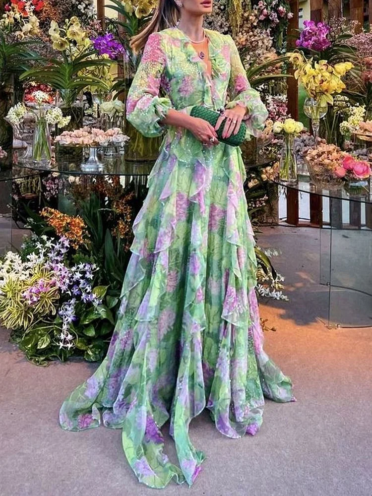 Elegant Fantasy V Neck Ruffle Floral Print Maxi Dress