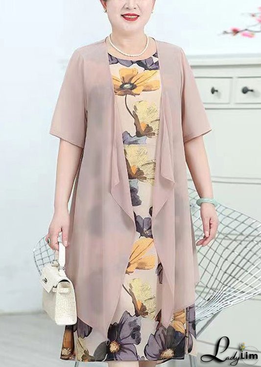 Chic Pink O-Neck Print Patchwork Chiffon Two Piece Suit Summer