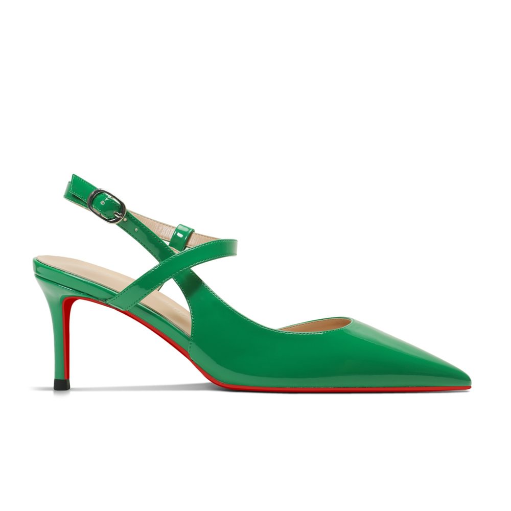 65mm Women Slingback Red Bottom Pumps Ankle Buckle Jenlove Stiletto Mid Heel Close Pointed Toe Dress Red Soles Sandals Shoes-MERUMOTE