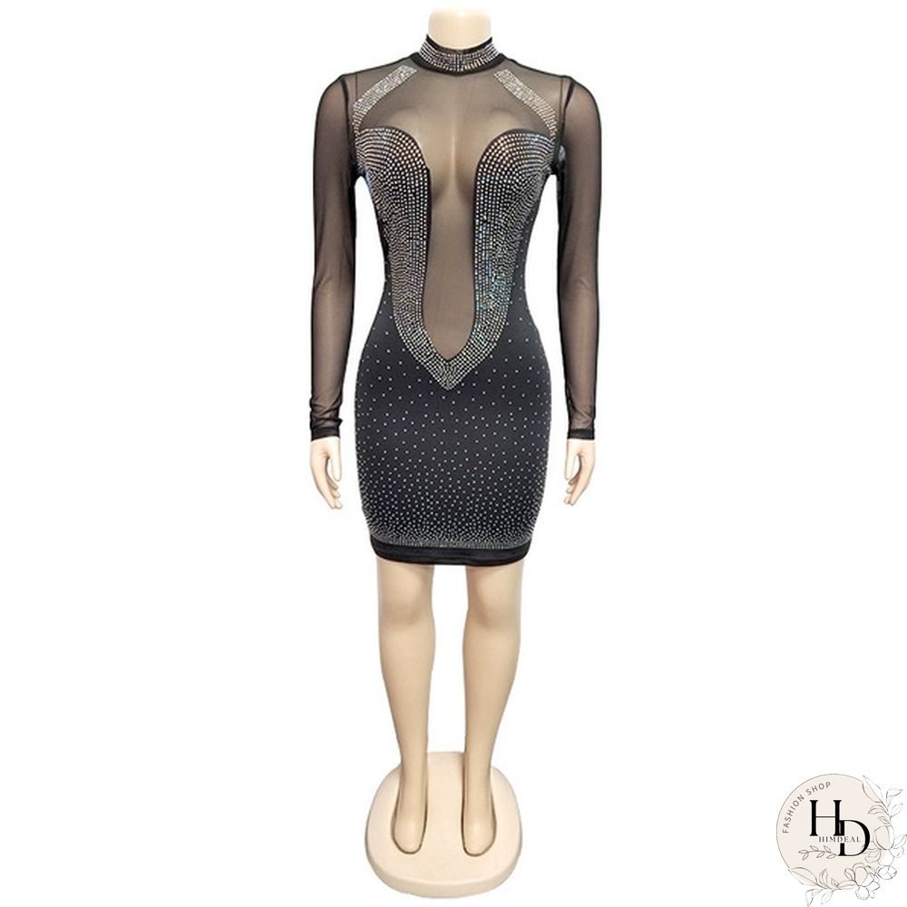 Women Sexy Night Club Dresses Bodycon Party Dress Bling Bling Rhinestone Zipper Sheer Long Sleeve Mini Dress White Black Blue Pink