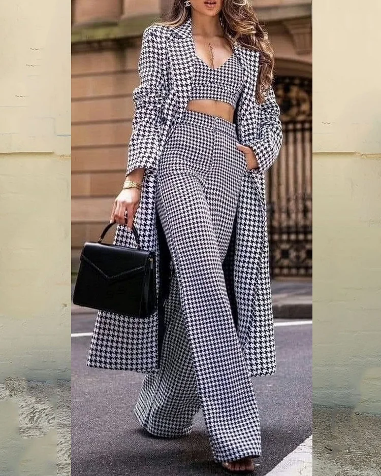 Fashion Coat And Vest Trousers Houndstooth Three Piece Set