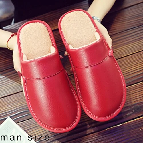 Leather Couple Shoes Autumn Winter home slippers Man Fashion Big size indoor Waterproof Men slippers with fur soft socofy