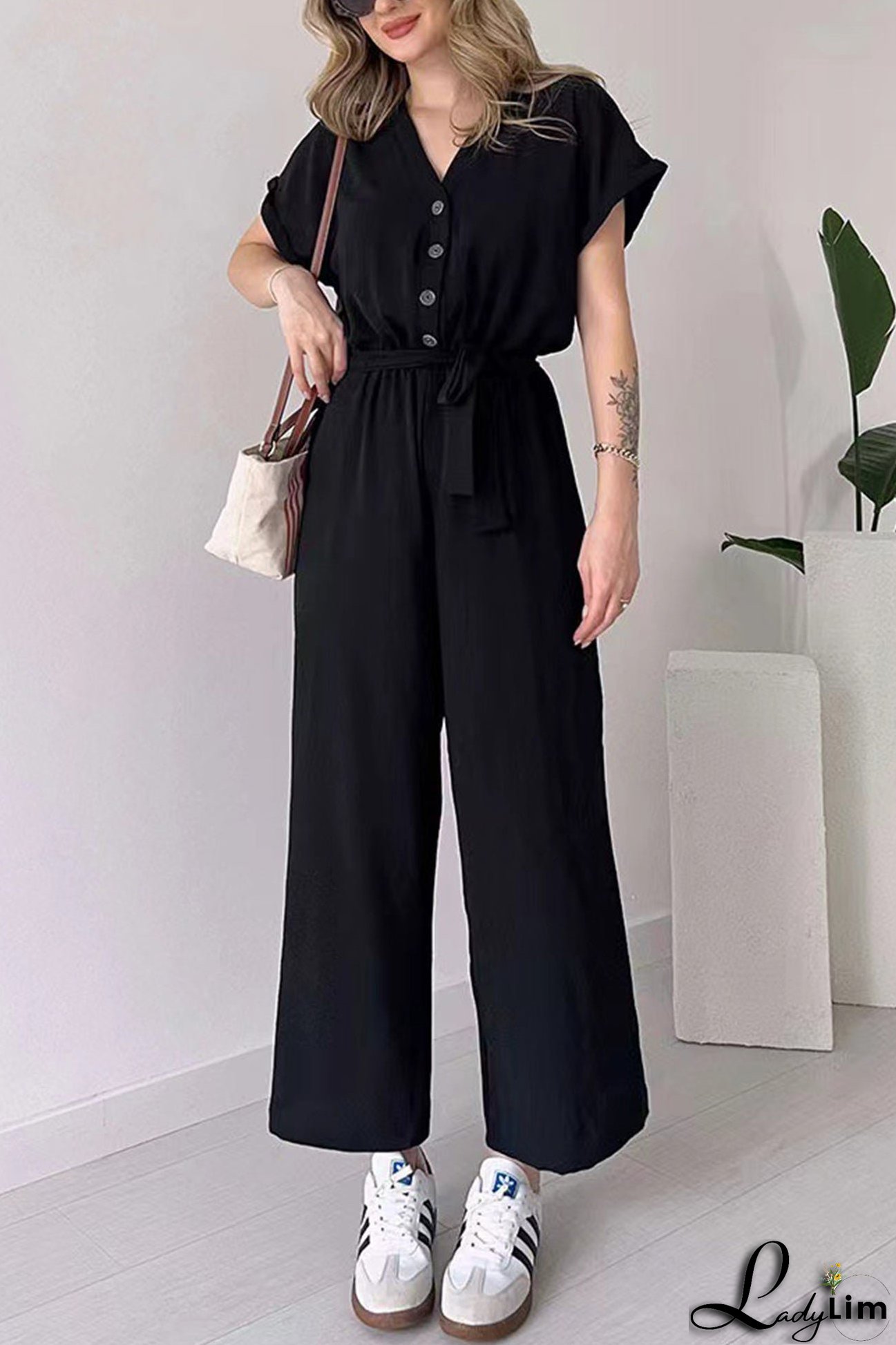 Short Sleeve Single-breasted Waisted Jumpsuits